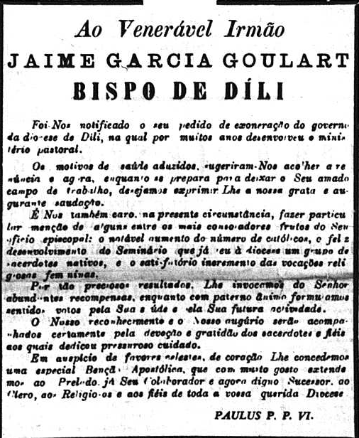 Figura 2 Carta de gratidão do Papa Paulus P. P. VI. (A Voz de Timor, 5/2/1967). Depois da sua resignação, D.