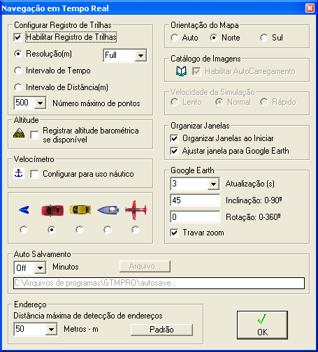 13.3 Configurando a Navegação em Tempo Real Apertando o botão ou a opção Configurar no menu Navegação, a janela de configuração do modo RTN será aberta, com as seguintes opções: Registro de Trilhas