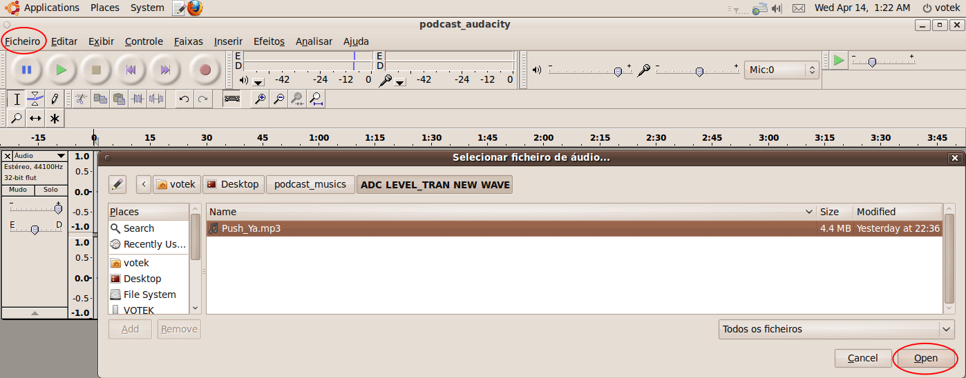 2.6. O próximo passo consiste em importar-se uma faixa áudio para o ambiente de trabalho do Audacity.