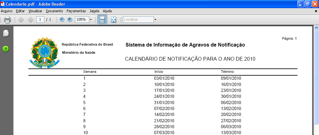 MS DATASUS Relatórios Figura 25. Calendário epidemiológico 2. Preencha o campo Ano, e em seguida, clique em Visualizar. Surge a tela: 3. Clique em OK. Surge o relatório: Figura 26.