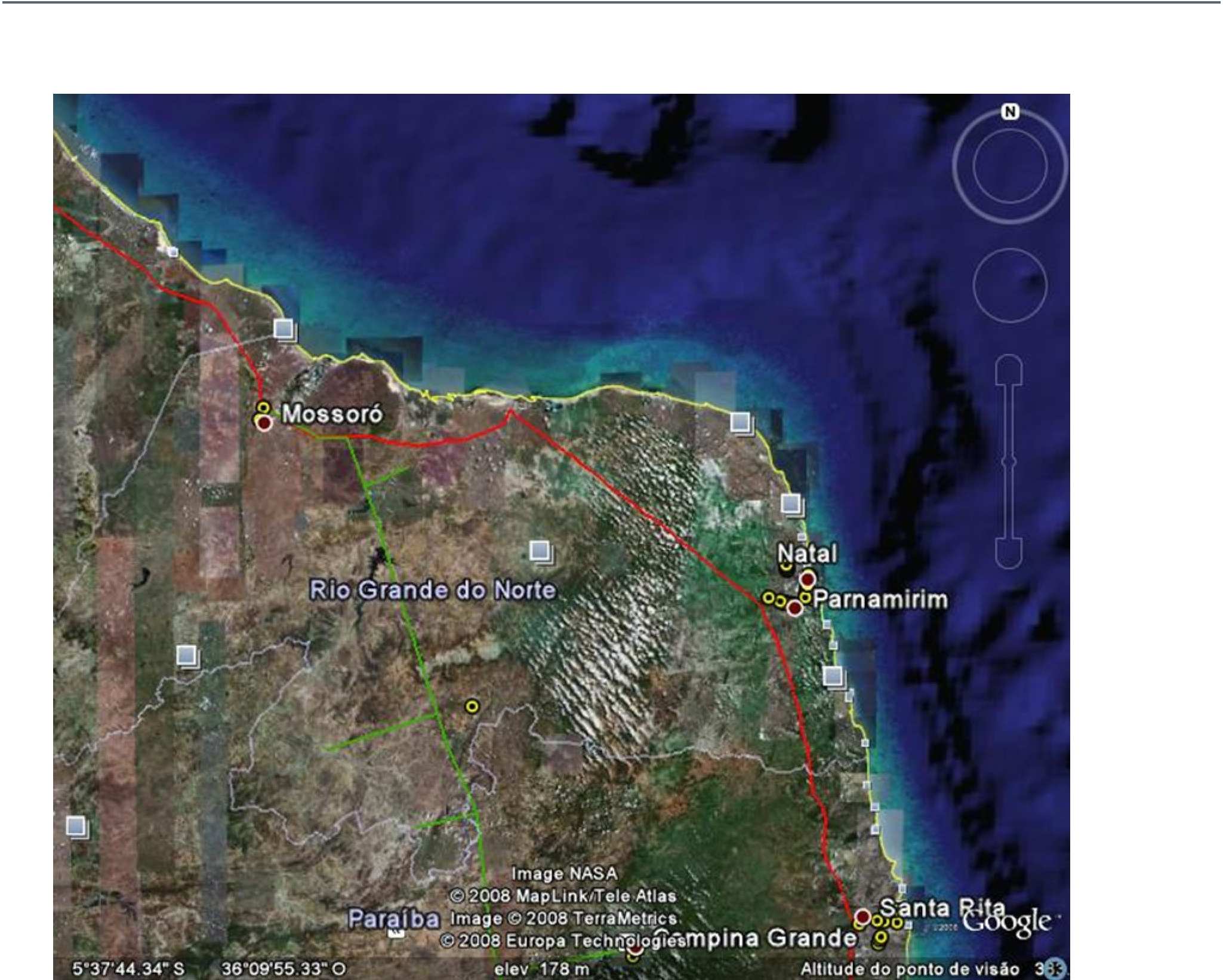 Figura 15 Visualização por satélite de uma rede de distribuição de GN. Fonte: CTGÁS, 2007 Software Arcgis aplicado ao Google Earth.