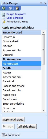 Efeitos de animação - Animation Schemes Se utilizar modelos (templates), podem combinar animações tipo Slide Transition e Custom Animation, que são sempre definidas ao nível dos slides Master É o