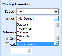 Slide transitions - Sons Pode adicionar um som (ou uma música completa) ás transições dos slides Poderá