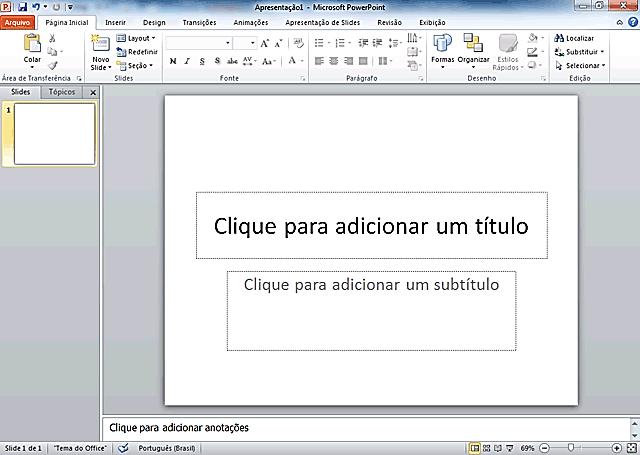 Para iniciarmos o PowerPoint 2010, basta clicarmos em Iniciar, posicionar o mouse ou clicar no botão Todos os Programas, Microsoft Office e por último em Microsoft PowerPoint