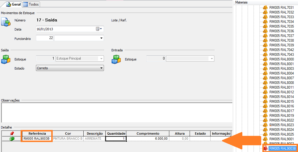 Figura 112. Adicionando movimento de saída do Estoque. Faremos a saída do mesmo material que demos entrada anteriormente, o RM005 RAL9003B.