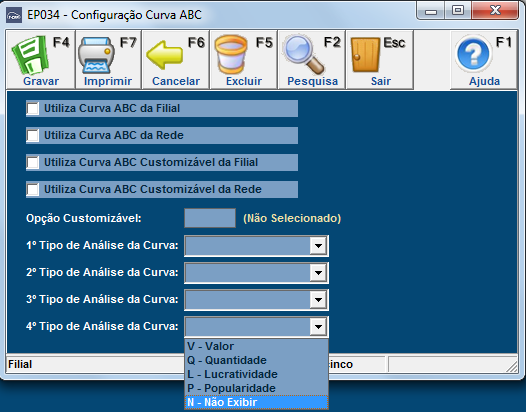 Curva ABC Customizável da Rede: Classificam os itens considerando todas ou um grupo de filiais, gerando uma análise de rede dependendo da opção customizável selecionada, conforme descrito acima.