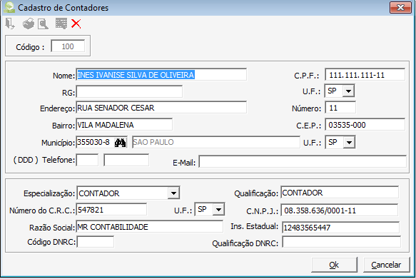 Neste cadastro, além de informar todos os dados dos contadores devemos ainda consultar a tabela dos códigos disponibilizada pela Receita Federal para informar no