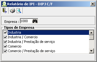 IPI P/ CFOP Mostra os valores de IPI acumulados por CFOP. DIPJ C/F Apresenta um relatório das entradas e saídas acumuladas por cliente e fornecedor para a DIPJ.