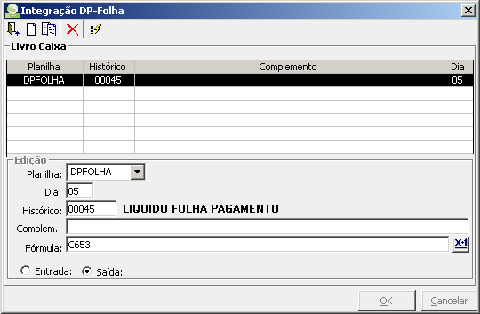 INTEGRA DP-FOLHA Tem a função de integrar os valores do DpFolha para o Livro Caixa.