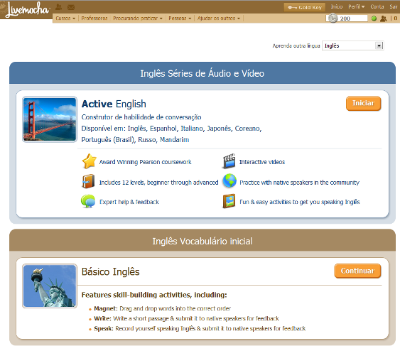 Figura 1: Escolha do curso Fonte: Página aprenda um idioma on-line do site Livemocha Apesar de oferecer crédito para as duas primeiras lições, o curso Active English, mostrado na Figura 1, é pago e