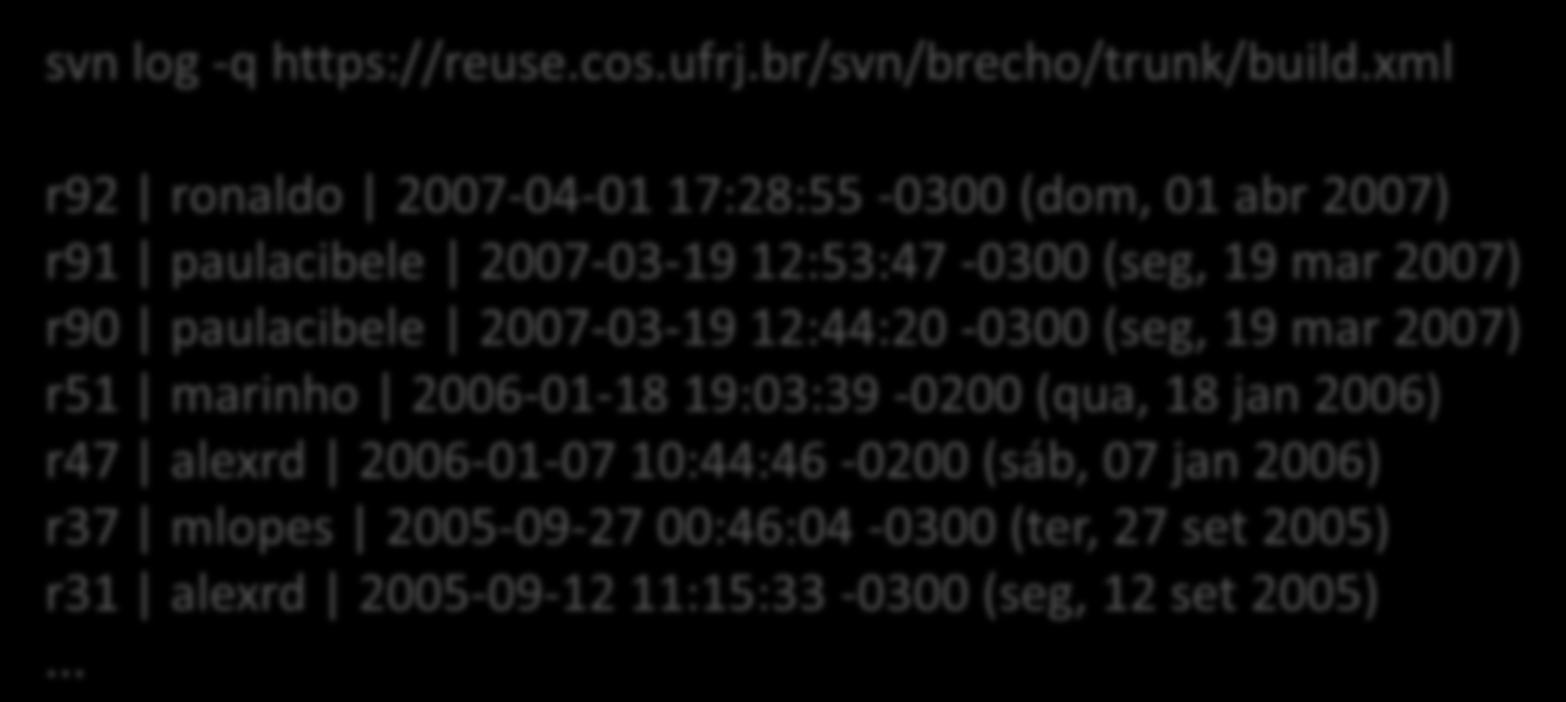 Comando log Sintaxe svn log [-q] [-v] [-r VERSÃO] [URL] Exemplo svn log -q https://reuse.cos.ufrj.br/svn/brecho/trunk/build.