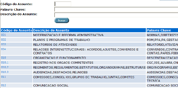 Para pesquisar na Tabela de Classificação de documentos/ processos, o código dos processos abertos a partir do dia 22/10/2007 Operacionalize esta busca da mesma maneira que a anterior.