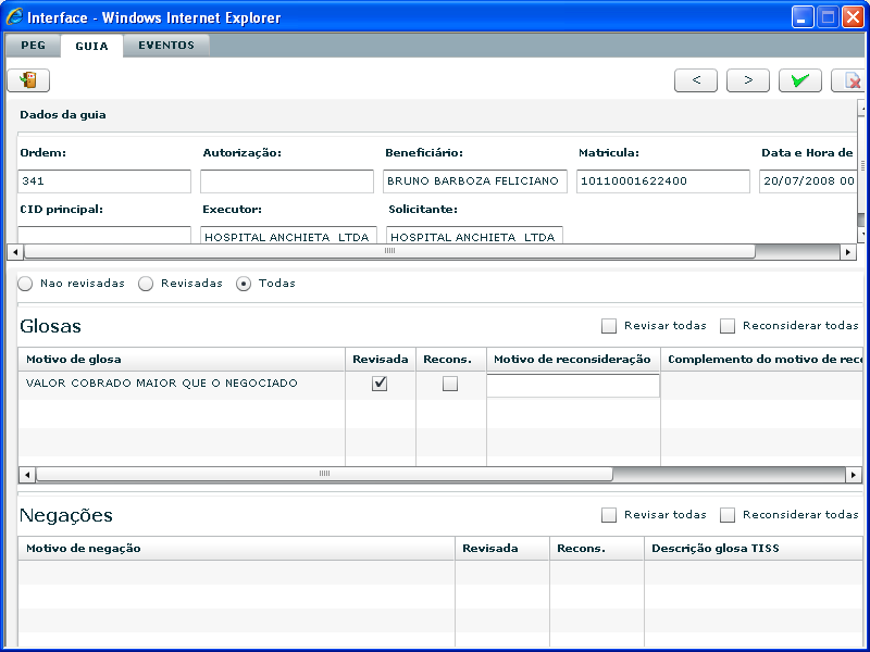 Aba EVENTOS : mostra os detalhes do evento, bem como as glosas e negações geradas para o evento de uma guia.