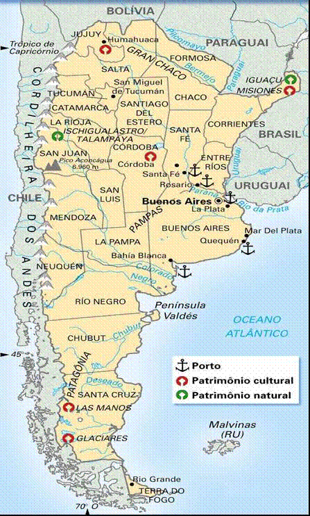 2 ARGENTINA País localizado na América do Sul, em sua parte mais meridional. O topônimo do país se deriva do seu rio principal, o Rio da Prata (Río de la Plata, em espanhol).