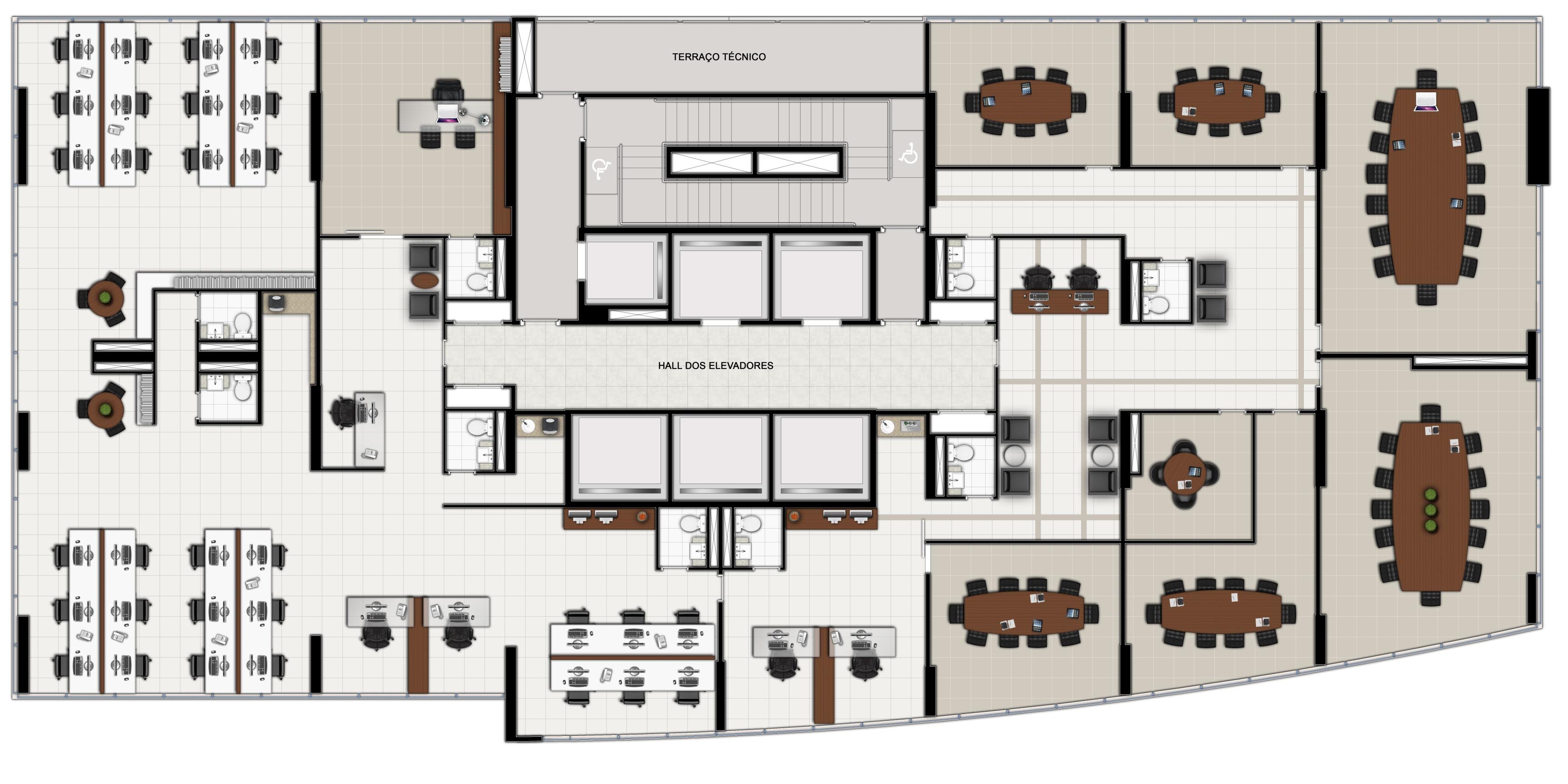 (Necessidade de compartimentação) Planta ilustrada da opção laje inteira com sugestão de decoração