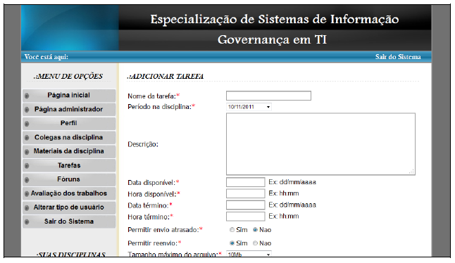 13 Na Figura 8 é visualizada a alteração de uma data na disciplina, na qual é permitido que qualquer data seja alterada pelo tutor, pois elas são adicionadas no momento da criação da disciplina, com