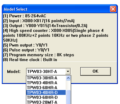 10 Edit Menu ( Menu Editar ) - Select Model (Tipo de PLC) : Define o tipo de unidade básica para o qual se rá criado o aplicativo; Capacidade de memória