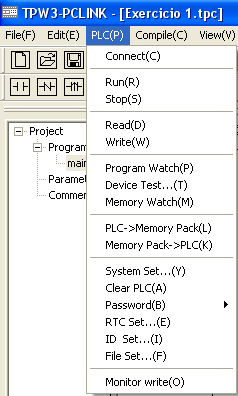 13 PLC Menu ( Menu PLC ) Alguns comandos deste menu somente poderão ser utili zados quando o CLP estiver comunicando com o microcomputador (Comando Connect executado ).