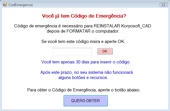 8 - Altere sua senha. IMPORTANTE: A Koryosoft não se responsabilizará pela perda de senha. Portanto, guarde em local seguro a sua senha criada. 9 - Você deverá solicitar o código de Emergência.