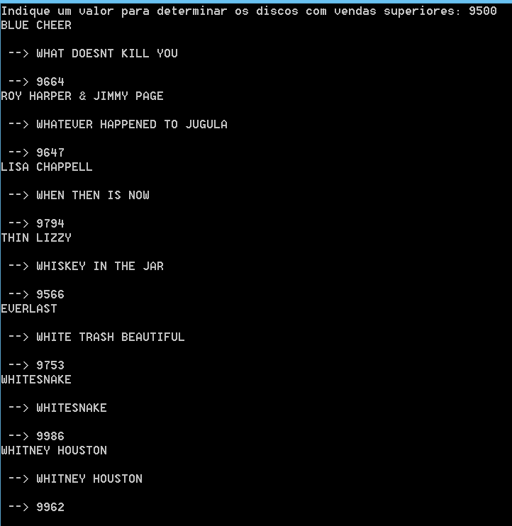 // 2ª fase: determinar e mostrar os discos (nome de autor, nome do disco, nº de discos vendidos) printf("indique o valor a partir do qual quer verificar que discos tem vendas superiores: ");