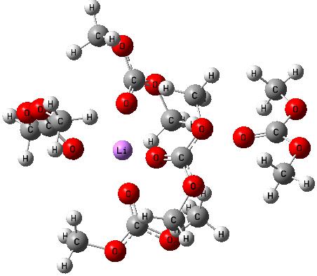 15 Estrutura da primeira camada de solvatação do íon lítio e uma quinta molécula ao redor desta estrutura. Tabela 5.11 Energias de ligação para as estruturas formadas com n = 1, 2, 3, 4 e 5.