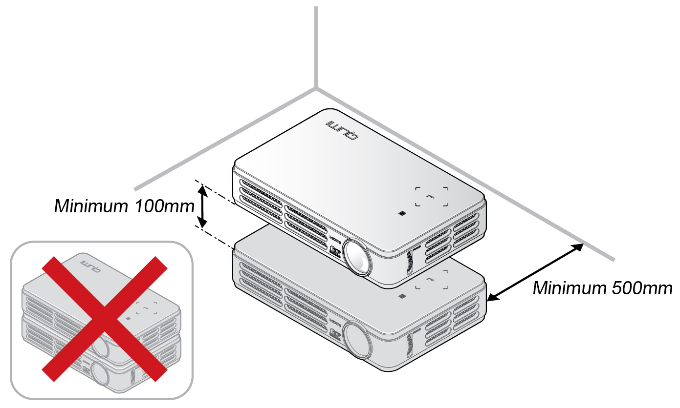 Aviso de instalação do projector Qumi Deixe no mínimo 50 cm de espaço livre à volta da saída de ar.