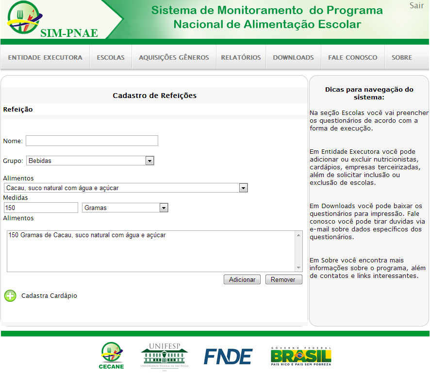 Feito isso aparecerá um combo de Alimentos, como mostra a próxima figura. 22 Alimentos aqui o usuário deverá escolher o primeiro alimento a ser cadastrado nesta refeição.