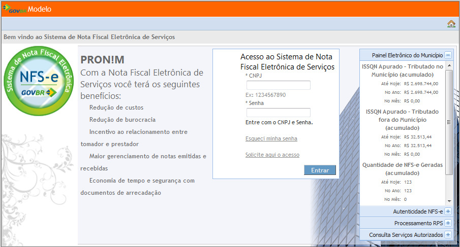 1. Tela de acesso ao sistema O sistema NFS-e em sua tela inicial disponibiliza alguns serviços para a