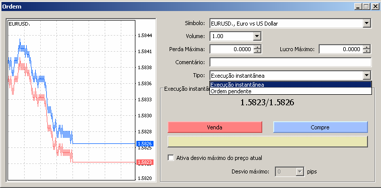 Ordens de compra ou venda imediata - Selecione o gráfico que deseja investir, - Pressione a tecla F9 - Confira em símbolo se realmente confere com o par selecionado para investimento, - Selecione o