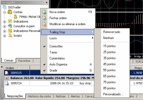 Temos também a opção de remover a ordem, para isto basta clicar sobre o botão Remover Utilizando o Stop Móvel Trailing Stop Uma ordem trailing-stop é uma ordem introduzida com um parâmetro de stop