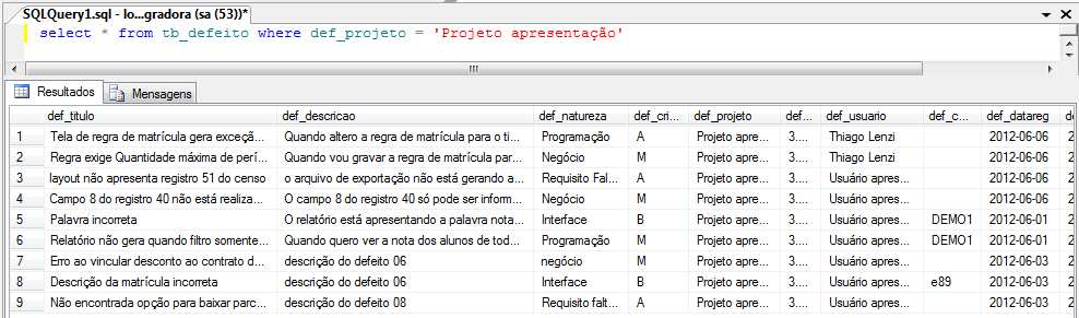 insere no Mantis. Para inserir no Mantis, a ferramenta recupera os dados para conexão na base de dados do Mantis.