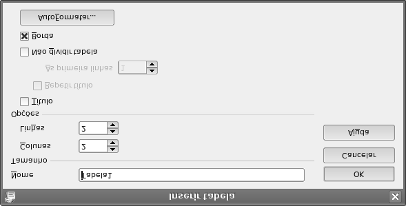 INSERIR TABELA: Para inserir uma tabela no OpenOffice Writer clique em Inserir > tabela, digite um nome para a tabela, escolha o número de colunas e linhas e clique em OK.