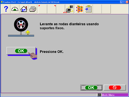 Quando o botão OK é pressionado, uma tela bem parecida com a de exibição padrão de Leituras Dianteiras é mostrada. Ajuste o Cáster e o Câmber enquanto visaliza esta tela.