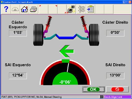 3. Nivele o volante de direção e pressione o botão OK. 4. Esterce a roda direita para a posição de ajuste até obter a cor verde no mostrador. Pressione o botão OK. 5.