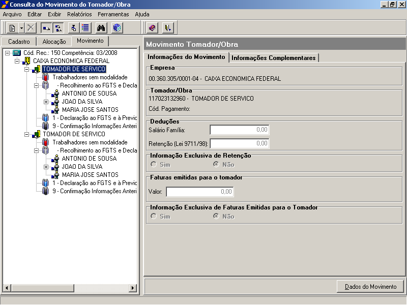 Movimento Tomador/Obra Menu - Editar / Desmarcar Participação Barra de ferramentas