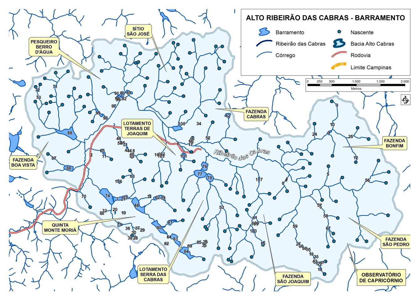 Figura 23: barragens no Alto Cabras com a localização das propriedades. 4.