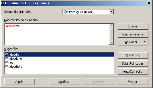 figura abaixo: Na parte superior desta janela está todo o trecho onde o erro ortográfico foi encontrado, a palavra desconhecida está destacada de vermelho e logo abaixo temos uma lista de sugestões