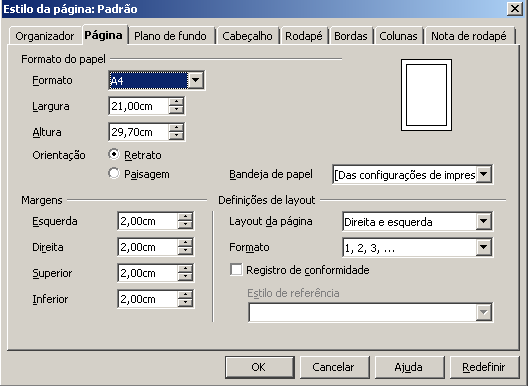 Na opção Formato podemos definir o tipo de papel a utilizar. Ao escolher um formato, automaticamente a Largura e a Altura serão ajustadas.