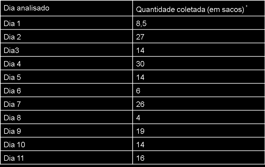 *Sacos plástico de lixo com capacidade de 100 L. Total de resíduos gerados e coletados: 178,5 sacos ou 17.850 L/mês. Resíduos gerados nos sanitários: 50 sacos ou 5.