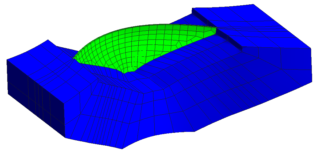 Figura 5.1: Discretização do modelo tridimensional da barragem B (123 m de altura máxima acima da fundação).