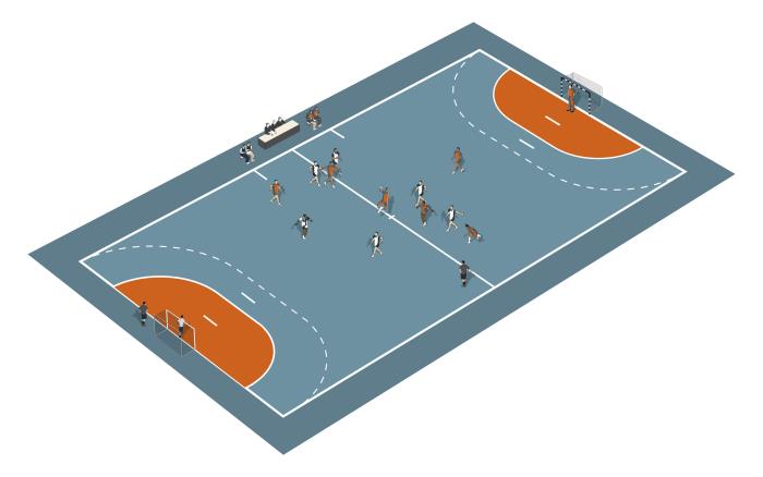 Capítulo 3 Handebol PRINCIPAIS REGRAS 1 A quadra de Handebol mede 40 x 20 metros, e os gols têm 3 x 2 m.