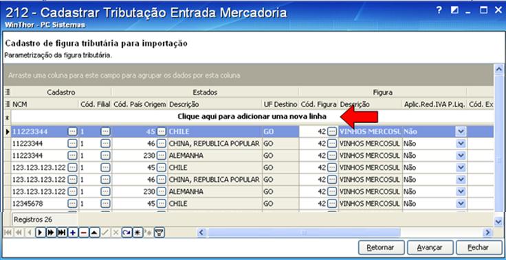 3) Clique na primeira linha para fazer o vínculo ao NCM e na nova linha da planilha,