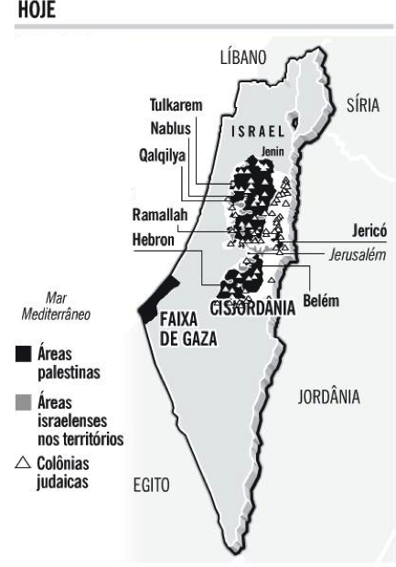 Desse modo, atualmente, a Palestina se encontra dividida nos dois territórios supracitados, a Faixa de Gaza, comandada pelo grupo extremista Hamas, e a Cisjordânia, sob controle da Autoridade