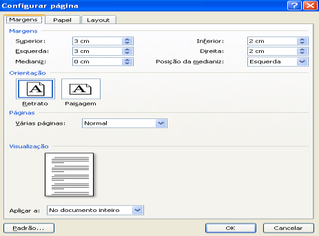 84 8.3 Margens No editor de textos Word, vá à opção: Menu arquivo Configurar Página Margens Superior 3 cm