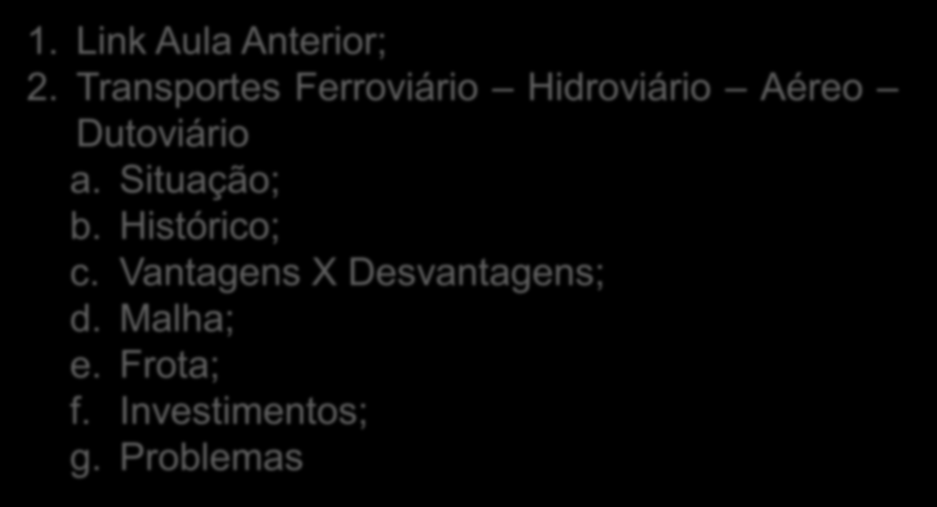 SUMÁRIO 1. Link Aula Anterior; 2. Transportes Ferroviário Hidroviário Aéreo Dutoviário a.