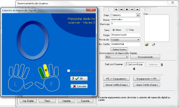 1. Clique em um usuário; 2. Selecione o dispositivo que irá capturar a impressão digital; 3. Clique no botão Conectar Equipamento, para que o equipamento possa se comunicar com o PC; 4. Clique em Cad.