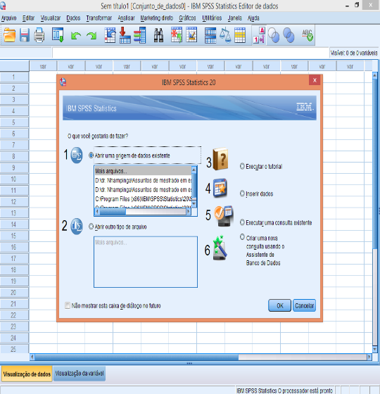 2. ACESSO À JANELA PRINCIPAL DO SPSS O SPSS possui 7 janelas (IBM SPSS Data Editor, IBM SPSS Statistics Viewer, IBM SPSS Syntax Editor, IBM SPSS Pivot Table Object, IBM SPSS Chart Object, Script