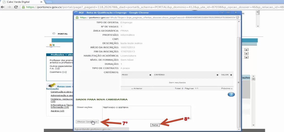 7º - Prima Efectuar Candidatura para submeter a sua candidatura. 8º - Após submeter a candidatura, carregue em Fechar.