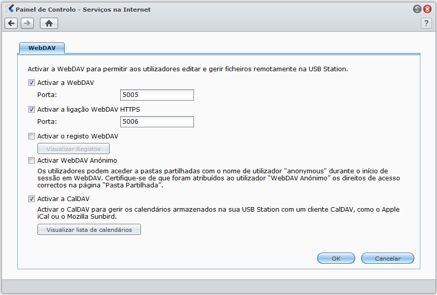 Aceder aos Ficheiros através de WebDAV Ao activar a WebDAV ou o CalDAV, pode gerir e editar ficheiros ou calendários armazenados na USB Station 2