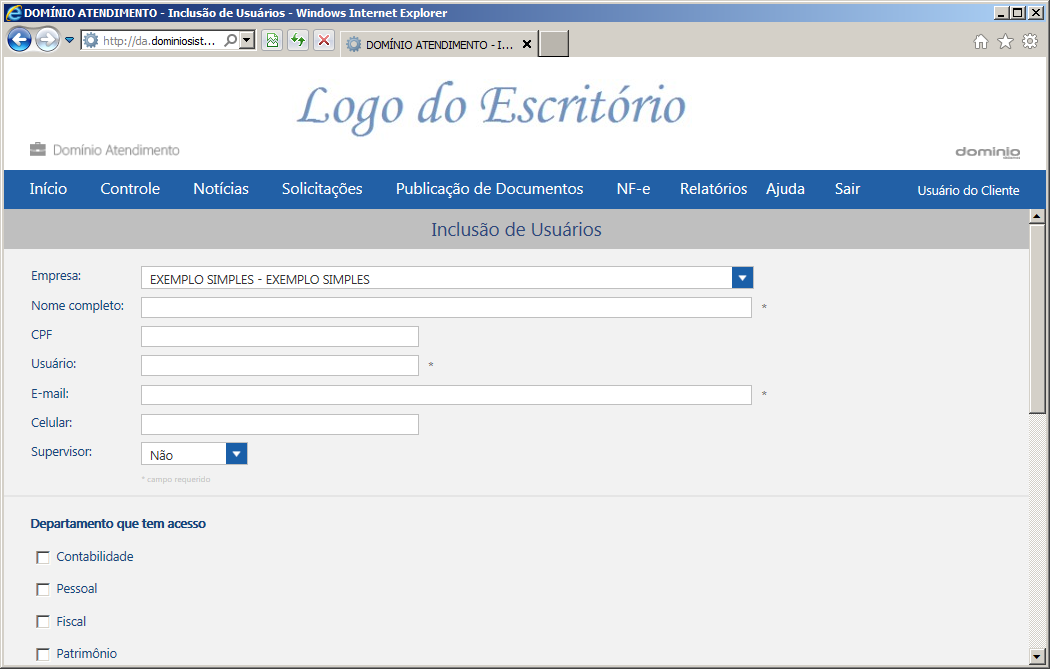 8.1. Inclusão de Usuários Através desse link, o usuário supervisor poderá cadastrar novos usuários.